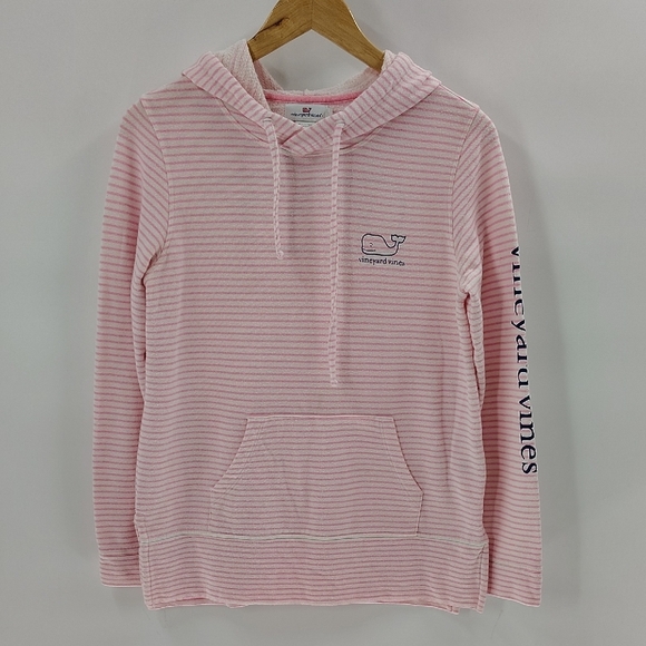Vineyard Vines Hoodie Pink White Stripe Size Small Sleeve Wording Whale Back - Picture 1 of 4